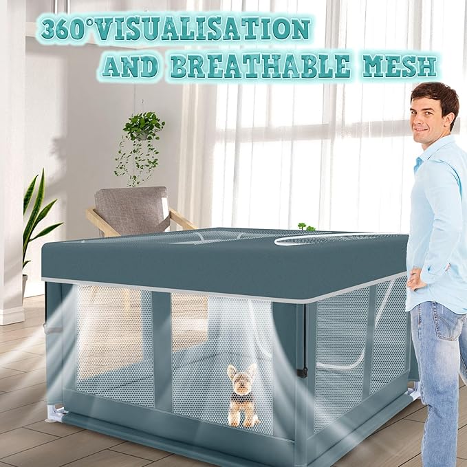 XVISHX 42x42 Inch Puppy Playpen with Cover, Dog Playpen for Puppies or Small Dogs, Pet Playpen for Indoor & Outdoor, Sturdy DogPen with Thickened Fabric, High-Strength Nylon Wire Mesh, Bluish Green