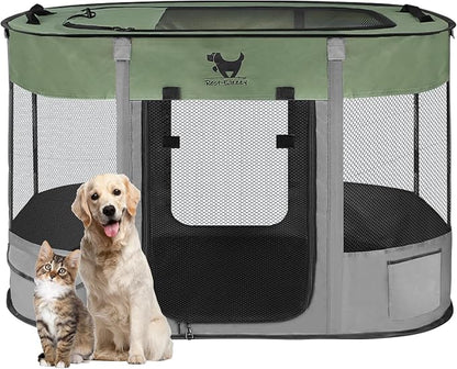Rest-Eazzzy Dog Playpen, Foldable Kitten Playpen for Medium Dogs, Portable Pet Puppy Playpen with Removable Shade Cover, Indoor Outdoor Travel Camping Use for Small Pets with Carrying Case (L, Green)
