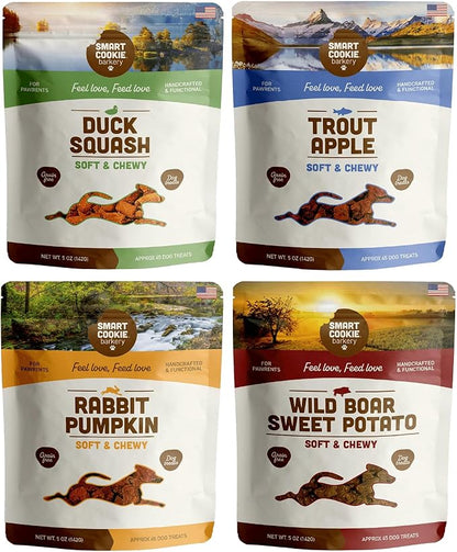 Smart Cookie All Natural Soft Dog Treats - 4 Flavor Variety Pack (5oz Each) - Healthy Dog Treats for Dogs & Puppies with Allergies, Sensitive Stomachs - Chewy, Grain Free, Made in USA