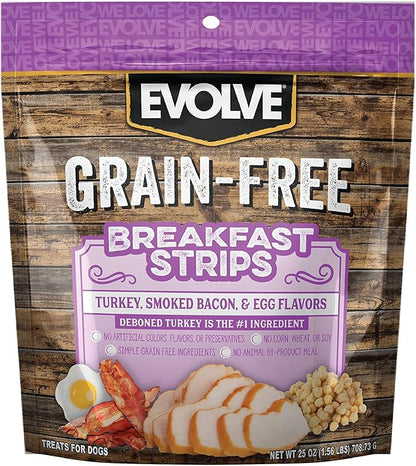 Evolve Grain Free Turkey, Bacon and Egg Flavored Breakfast Strips Dog Treats, 6oz