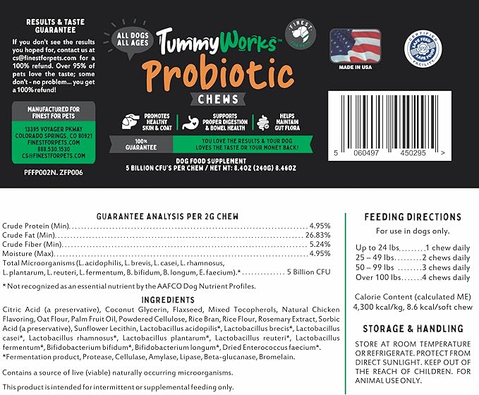 TummyWorks Probiotics for Dogs. 120 Probiotic Soft Chews for Digestive Health, Gut, Immunity, Energy, Allergies, Skin & Coat. 10 Strains, 5 Billion CFUs with 6 Enzymes. Made in USA