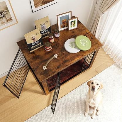 Greesum Modern Dog Crate Furniture That Doubles as a Side Table - Sturdy Wooden Kennel with Double Door Design, Equipped with Soft Cushion & Chew-Resistant Resign, Suitable for Dogs