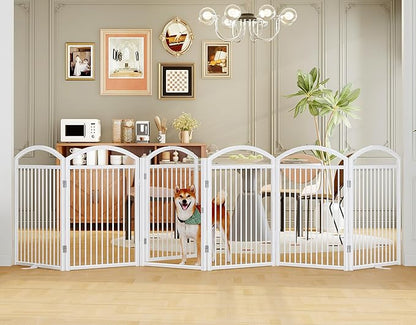 Folding No-Assembly Freestanding Dog Gate with Door,32" Heights Foldable Pet Fence,144" Extra Wide Accordion Puppy Folding Playpen for Doorways,House,Stairs (6 Panels,White)