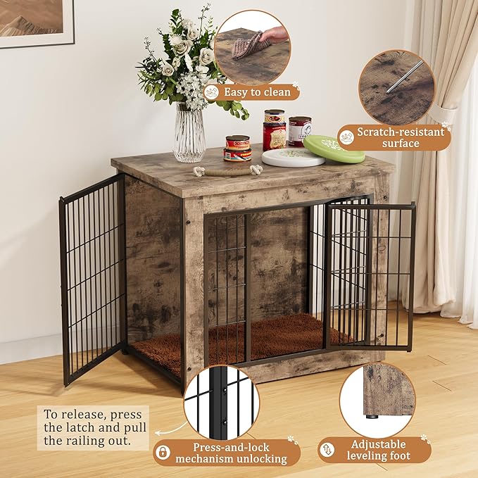 Greesum Modern Dog Crate Furniture That Doubles as a Side Table - Sturdy Wooden Kennel with Double Door Design, Equipped with Soft Cushion & Chew-Resistant Resign, Suitable for Dogs