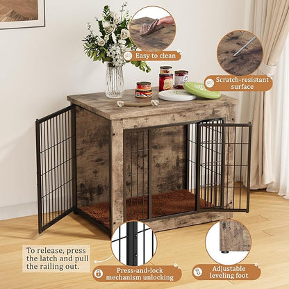 Greesum Modern Dog Crate Furniture That Doubles as a Side Table - Sturdy Wooden Kennel with Double Door Design, Equipped with Soft Cushion & Chew-Resistant Resign, Suitable for Dogs