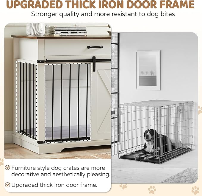 37.8" Furniture Style Dog Crates with Drawer, Farmhouse Wooden Dog Kennel Furniture with Sliding Barn Door & Water Resistant for Small/Medium/Large Dog, White