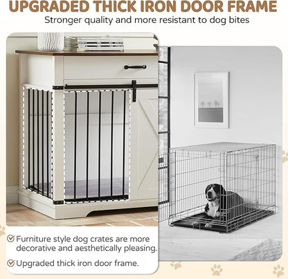 37.8" Furniture Style Dog Crates with Drawer, Farmhouse Wooden Dog Kennel Furniture with Sliding Barn Door & Water Resistant for Small/Medium/Large Dog, White