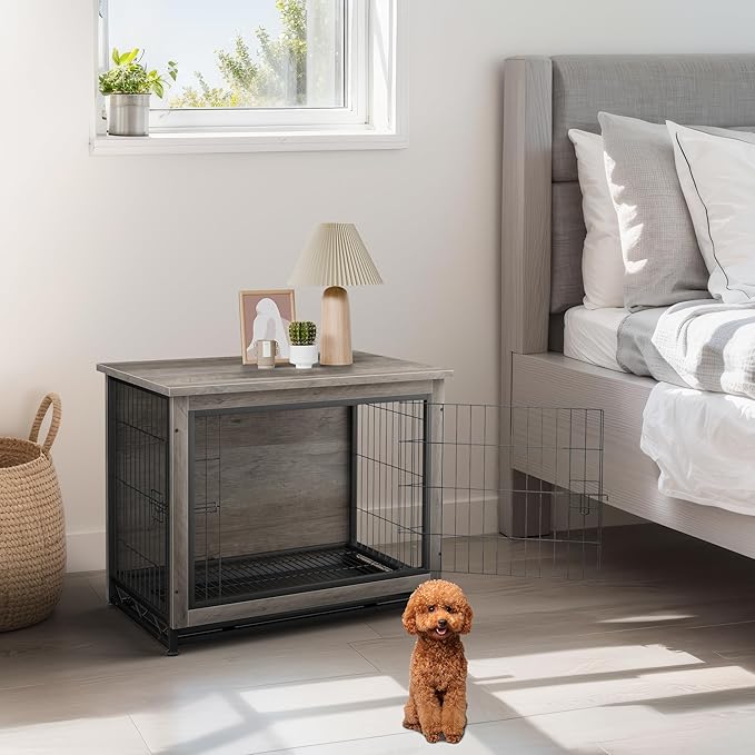 JY QAQA Dog Crate Furniture, Wooden Dog Crate Table, Double-Doors Dog Furniture, Indoor Kennel, Dog Cage/Grey/S