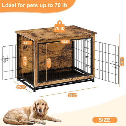 Vongrasig Dog Crate Furniture, Side End Table, Modern Wooden Kennel for Dogs Indoor, Heavy-Duty Dog Cage with Multi-Purpose Removable Tray, Double-Door Dog House, Rustic Brown