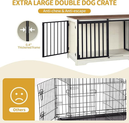 Hzuaneri 78" Dog Crate Furniture for 2 Dogs, Double Dog Cage with Divider, Wooden Heavy Duty Dogs Kennel, Pet Cage with Barn Door, TV Stand for Large Small Medium Dogs, White Brown DFC83714BV1