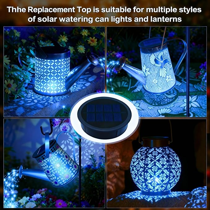 YJFWAL Solar Watering Can Lights Replacement Top, 3.6in Round Panel with 3.5Ft 80 Led Copper Wire String Lights for Solar Lantern Water Can Battery Box Accessories