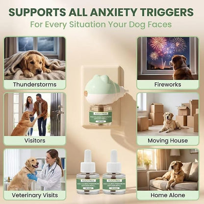 Dog Calming Diffuser Plug-in with Gentle Night Glow, 3 Refills Kit for Behavioral Support, Stress Soothing Aid for Pets During Travel, Thunder, Vet Visits, Fireworks, Safe Formula, 90 Days Supply