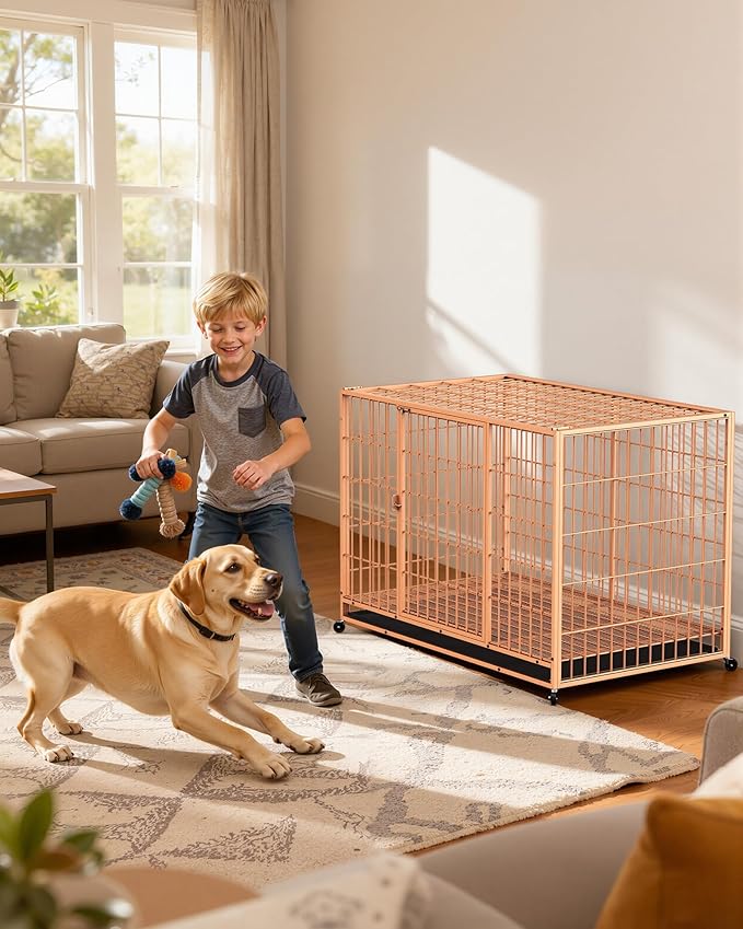 HIWOKK 48 Inch Large Dog Crate, Escape Proof Dog Cage with Dual Door Lock and Swivel Casters,Removable Tray for Easy Cleaning, Dog Kennel Indoor Outdoor Use
