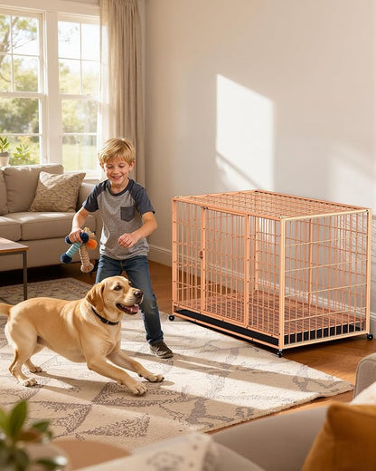 HIWOKK 48 Inch Large Dog Crate, Escape Proof Dog Cage with Dual Door Lock and Swivel Casters,Removable Tray for Easy Cleaning, Dog Kennel Indoor Outdoor Use