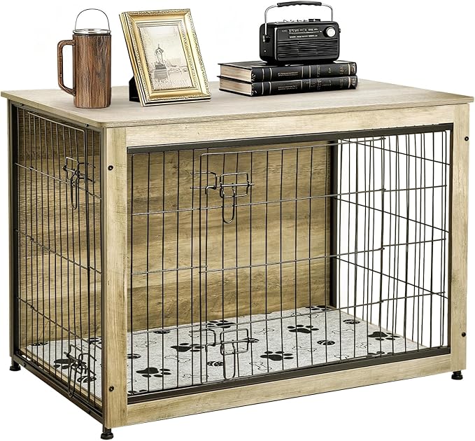 SHAWKEN Wooden & Metal Large Dog Crate Furniture Indoor with Soft Cushion, Double-Door Dog House, 37.4" L Dog Kennel (Oak Grey, Large)
