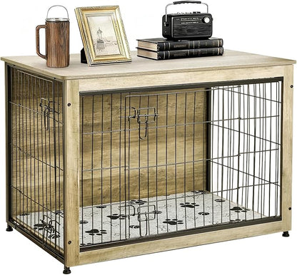 SHAWKEN Wooden & Metal Large Dog Crate Furniture Indoor with Soft Cushion, Double-Door Dog House, 37.4" L Dog Kennel (Oak Grey, Large)