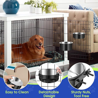 Attachable Dog Bowls for Crates, ShineMe 40oz & 60oz Dog Kennel Food and Water Bowl, 7.1 x 3.7” & 6.3 x 2.6” Dogs Crate Bowls Hanging No Spill for Large or Medium Dogs, Set of 2 Black