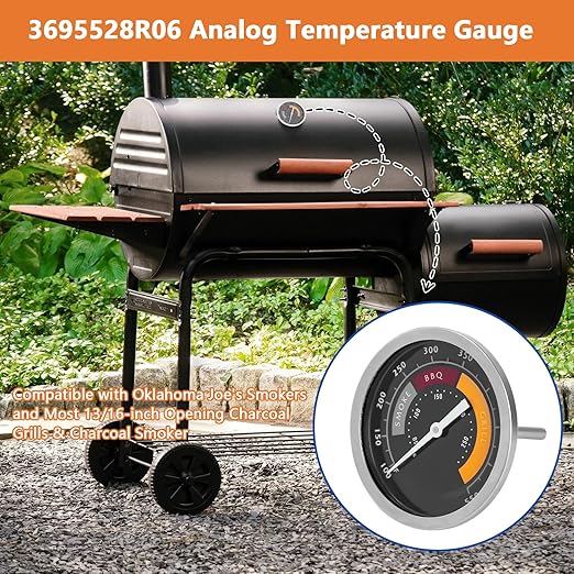 3695528R06 Analog Smoker Temperature Gauge Compatible with Oklahoma Joe's Smokers and Most 13/16-inch Opening Charcoal Grills & Charcoal Smokers, BBQ Temp Gauge Stainless Steel Thermometer (2packs)