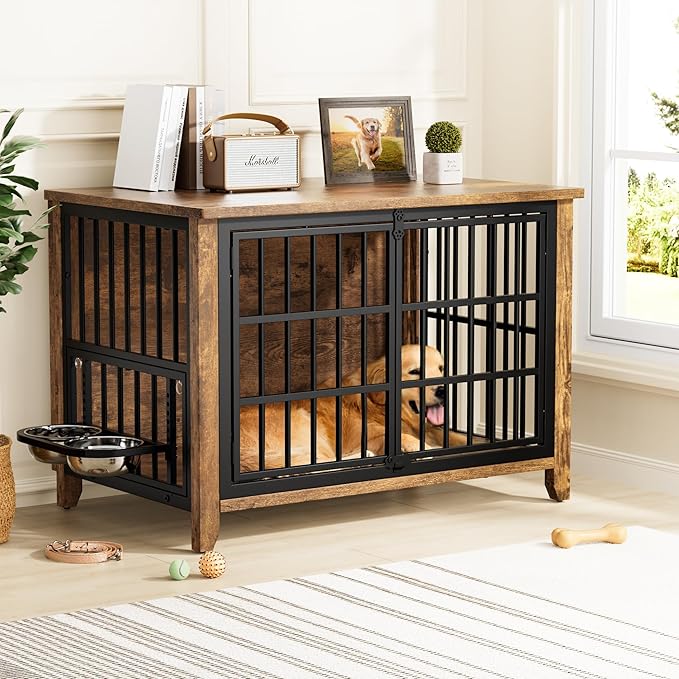 Lulive Wooden Dog Crate Furniture, Large Dog Kennel Indoor with 360°& Adjustable Raised Dog Bowls, Double Doors Furniture Dog Crates End Table for Large/Medium Dogs 37.8" L*23.6" W*27" H, Brown