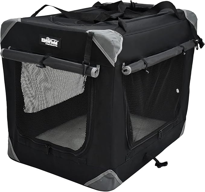 EliteField 4-Door Folding Soft Dog Crate with Curtains, Carrying Bag and Fleece Bed (2 Year Warranty), Indoor & Outdoor Pet Home (42" L x 28" W x 32" H, Black+4 Door Curtains)