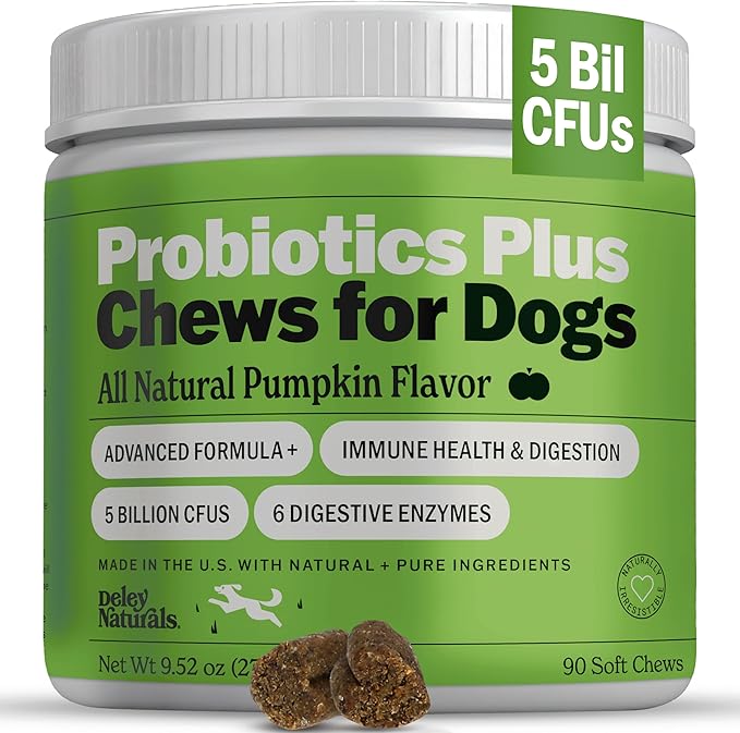 Deley Naturals Probiotics Plus Chews for Dogs - Gut Health Supplement with 5 Billion CFU's & Digestive Enzymes - Prebiotics for Dog Allergies, Diarrhea & Yeast - 90 Count Pumpkin Flavor Made in USA