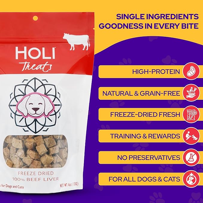 HOLI Freeze Dried Beef Liver Dog Treats – Single Ingredient Beef Dog Treats – Pasture Raised Liver Dog Treats Made in USA – Healthy Liver Treats for Dogs & Diabetic Dog Treat-Friendly - 8oz