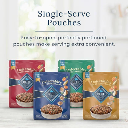Blue Buffalo Delectables Natural Wet Dog Food Topper Variety Pack, Tasty Chicken, Hearty Beef, Tender Turkey, & Savory Lamb Dinner 3-oz (24 Pack- 6 of Each Flavor)
