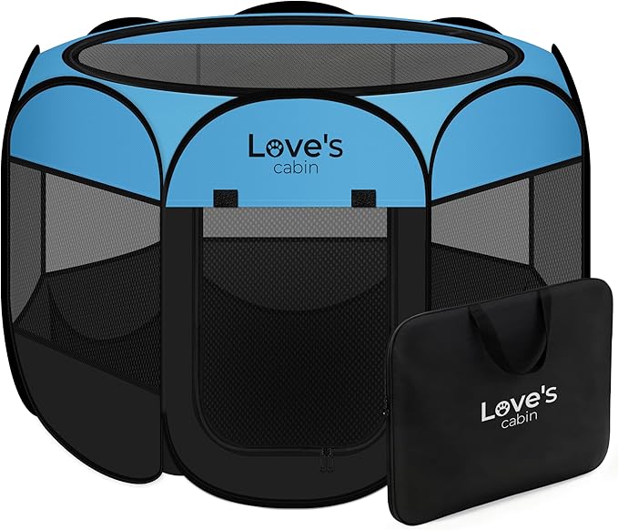 Love's cabin Pet Puppy Dog Playpen, Small Dog Tent Crates Cage Indoor/Outdoor, Portable Playpen for Cat, Foldable Pop Up Dog Kennel Playpen with Carring Case, Removable Zipper Top, Blue
