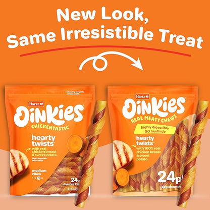 Hartz Oinkies Hearty Twists with Real Chicken & Sweet Potato Rawhide-Free Dog Treats, Highly Digestible Dog Chews, 24 Count
