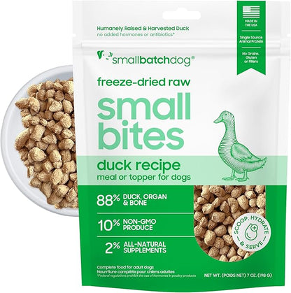 smallbatch Pets Freeze-Dried Raw Dog Food – Duck Recipe – 7oz Small Bites – Grain Free, High Protein, Complete Meal or Topper – Made in USA with Organic Produce & Humanely Raised Duck