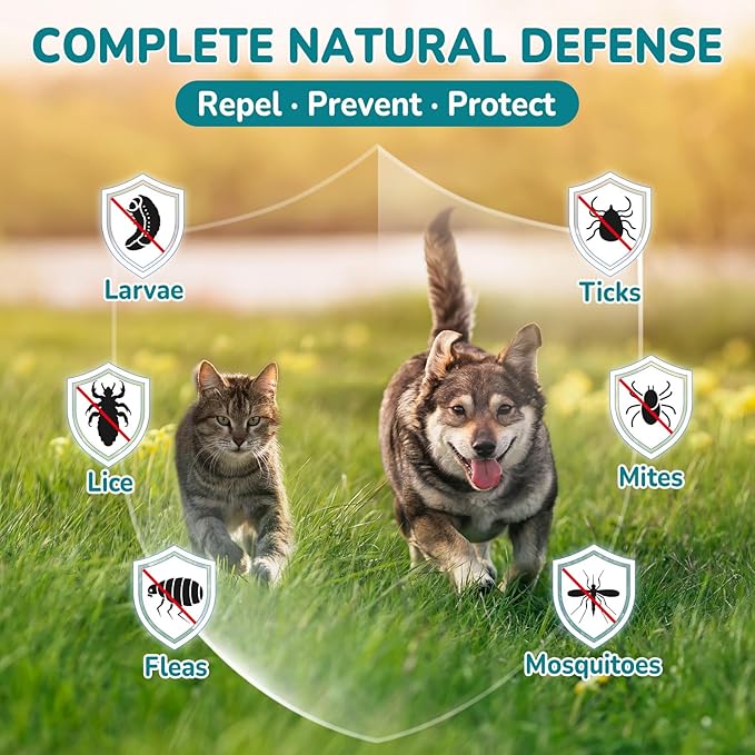 Woyamay 4-IN-1 Flea and Tick Prevention Drops for Dogs and Cats, Natural Cat & Dog Flea and Tick Treatment, Supports Flea Defense, Gut Health, Skin & Coat Nourishment, and Immune Support, Bacon Flavor