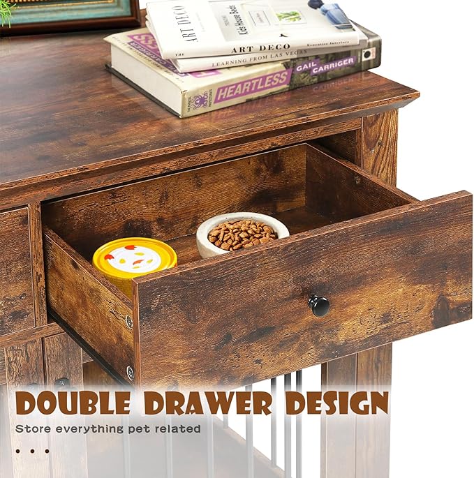 LEMBERI 44 Inch Large Dog Crate Furniture, Wooden Dog Kennel End Table with Storage Drawers, Decorative Pet Cage Dog House Indoor for Dogs, Brown