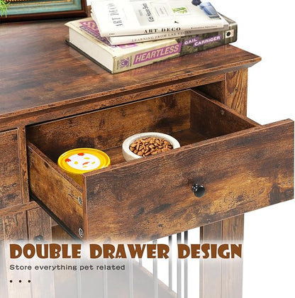 LEMBERI 44 Inch Large Dog Crate Furniture, Wooden Dog Kennel End Table with Storage Drawers, Decorative Pet Cage Dog House Indoor for Dogs, Brown