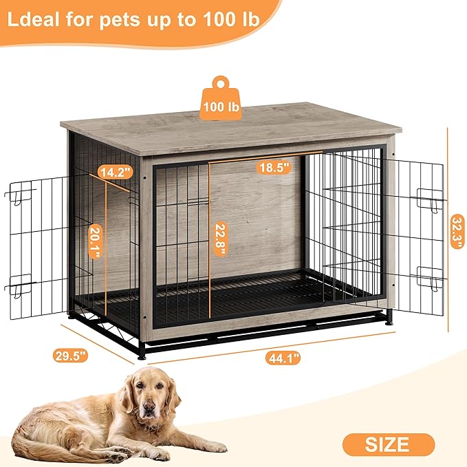 Vongrasig Dog Crate Furniture, Side End Table, Modern Wooden Kennel for Dogs Indoor, Heavy-Duty Dog Cage with Multi-Purpose Removable Tray, Double-Door Dog House, Grey