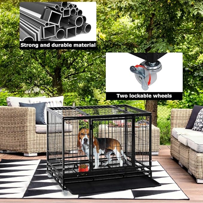 Dog Crate Dog Cage Dog Kennel for Large Dogs Heavy Duty 42 Inches Pet Playpen for Training Indoor Outdoor with Plastic Tray Double Doors & Locks Design