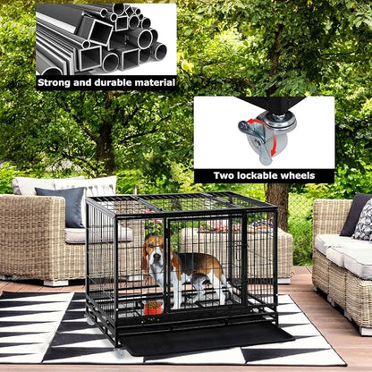 Dog Crate Dog Cage Dog Kennel for Large Dogs Heavy Duty 42 Inches Pet Playpen for Training Indoor Outdoor with Plastic Tray Double Doors & Locks Design