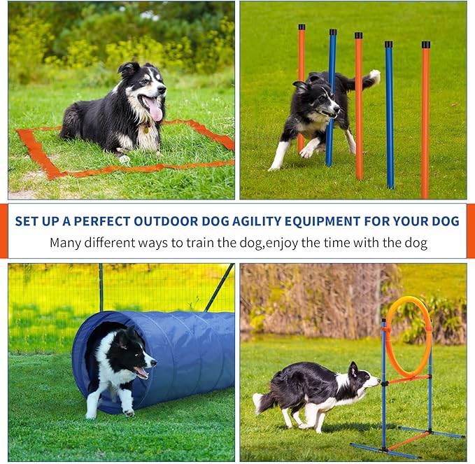 Dog Agility Training Equipment, 60-piece Dog Obstacle Course Training Starter Kit Pet Outdoor Game with Tunnel, Agility Hurdle, Weave Poles, Jump Ring, Pause Box, Toy Balls and Storage Bag