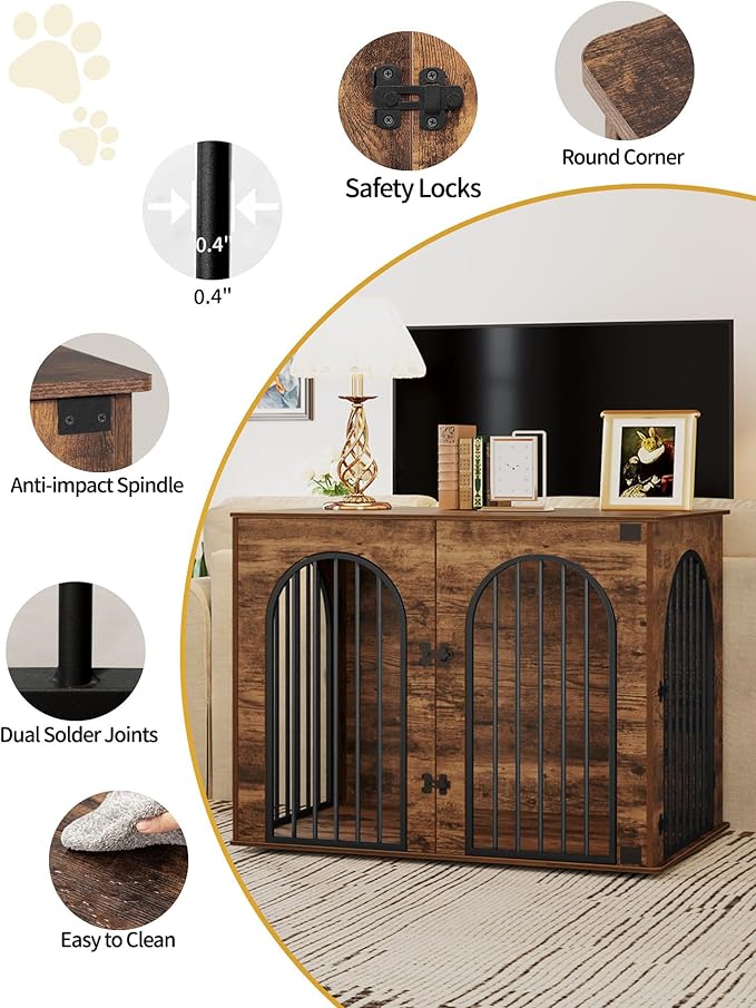 Hzuaneri 44.1" Wooden Dog Crate Furniture, Indoor Dog Kennel Dogs Cage for Small/Medium/Large Dogs, Heavy Duty Dog Crates Decorative Pet House End Side Table TV Stand, Rustic Brown DFC83901B