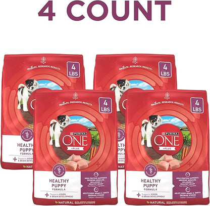 Purina ONE Plus Healthy Puppy Formula High Protein Natural Dry Puppy Food with added vitamins, minerals and nutrients - (Pack of 4) 4 lb. Bags