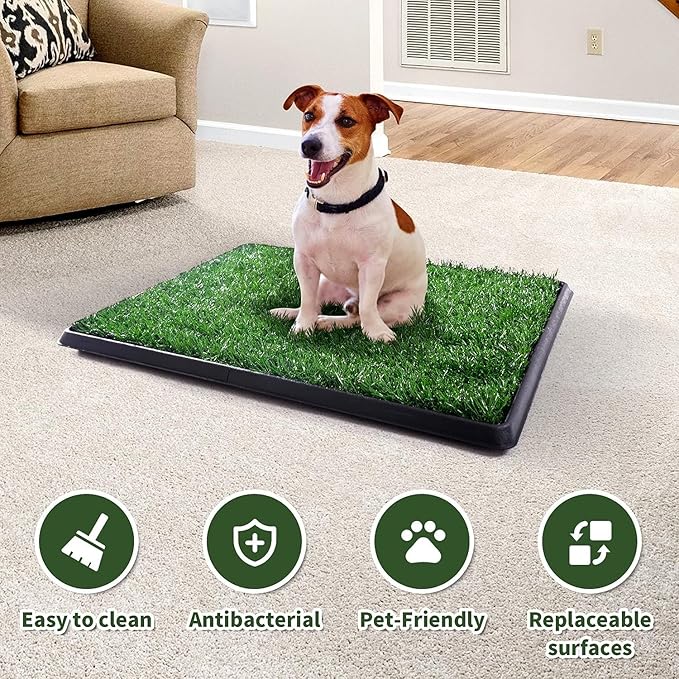 Dog Grass Pad with Tray, 25" x 20" Indoor Artificial Grass Pee Pad for Puppy Potty Training, Portable Dog Toilet Pet Loo, 3-Layer System