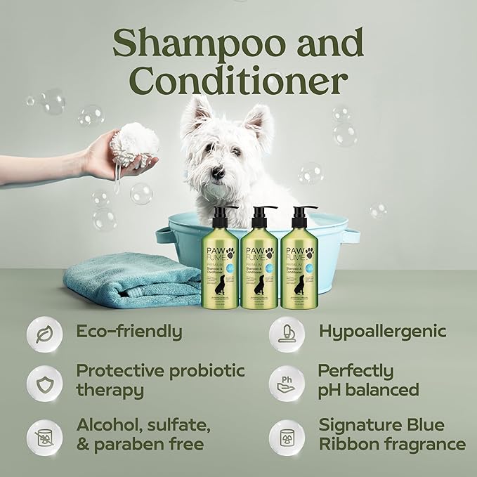 Pawfume Dog Gift Basket, 6-Piece Box – Give Your Pup a Spa-Quality Coat & Odor-Free Freshness – Probiotic Deodorizer Spray, Hypoallergenic Grooming Mist & Premium Brush – Dog Gift Boxes for All Breeds