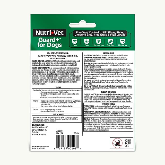 Nutri-Vet Guard+ for Dogs - Flea & Tick Prevention Treatment for Dogs 89-132 lbs. - Waterproof Topical- 90 Days of Protection - 3 Monthly Doses