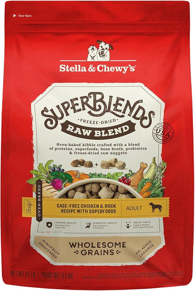 Stella & Chewy's SuperBlends Raw Blend Wholesome Grains Cage-Free Chicken & Duck Recipe with Superfoods, 21 lb. Bag