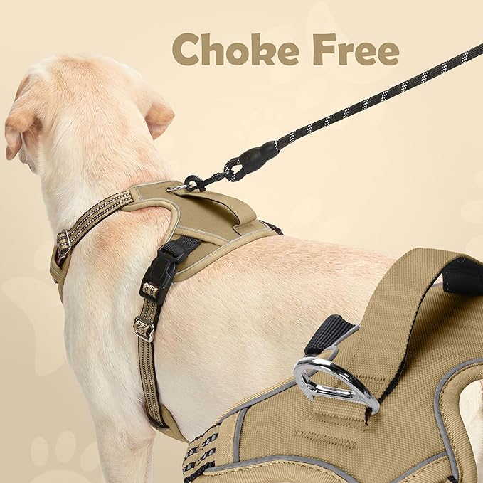 Funfox Dog Harness No Pull, Adjustable Pet Vest Harness, Super Soft Material with Vertical Handle Easy Control, Reflective Night Walking, 2 Leash Clips for Medium Sized Dogs, Brown, M