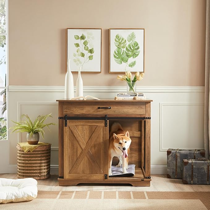 37.8" Furniture Style Dog Crates with Drawer, Farmhouse Wooden Dog Kennel Furniture with Sliding Barn Door & Water Resistant for Small/Medium/Large Dog, Rustic Oak