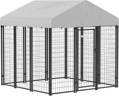 PawHut Outdoor Dog Kennel with Roof, 6' x 6' x 6' Heavy Duty Welded Wire Dog Playpen Enclosure with Escape-Proof Lock, UV-Resistant & Waterproof Cover, for Large Dogs, Chickens, Ducks, Silver