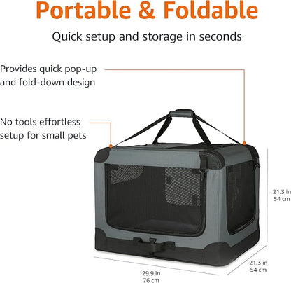 Amazon Basics 4-Door Portable Folding Soft Dog Crate, Collapsible Travel Kennel for Cat, Dog, and Other Small Animals, Pop Up with Easy Transportation, Grey, M 30" x 21" x 21"