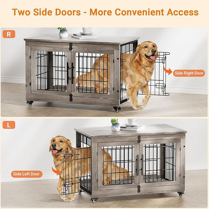 Lulive Large Dog Crate Furniture, 38'' Wooden Dog Crate End Table, Double Door Dog Kennel Indoor with Cushion & Wheels, Decorative Dog Cage House Chew-Resistant for Large/Medium, Grey