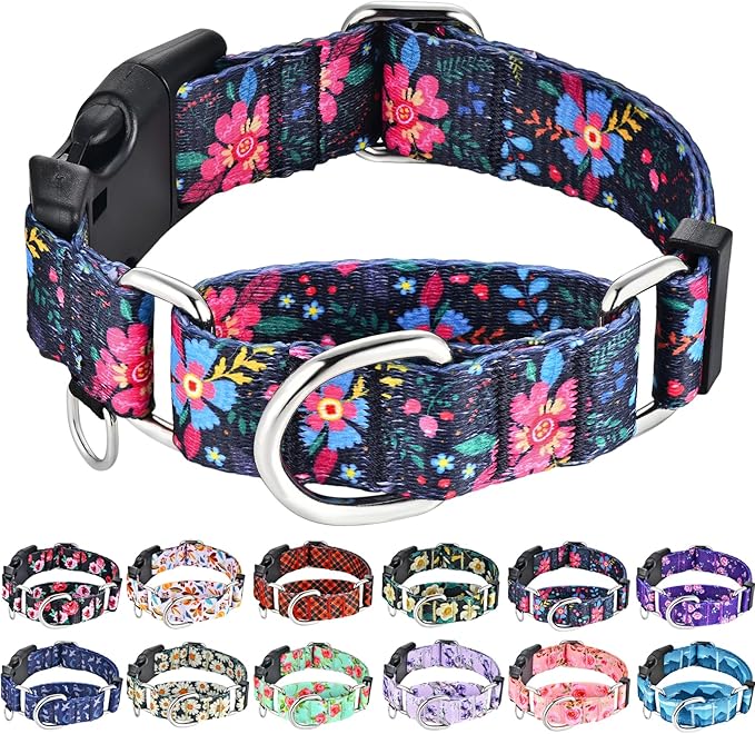 Martingale Collar for Dogs Floral Dog Collars for Small Medium Large Dogs with Buckle Adjustable Soft Nylon Dog Collar (Blue Pink Flower, Medium)