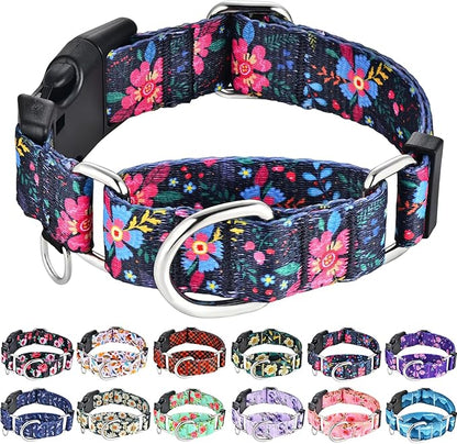 Martingale Collar for Dogs Floral Dog Collars for Small Medium Large Dogs with Buckle Adjustable Soft Nylon Dog Collar (Blue Pink Flower, Small)